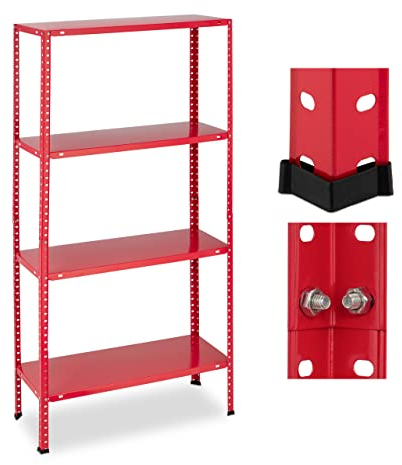 Relaxdays Schwerlastregal, Traglast 160 kg, 4 Ebenen, HxBxT 147,5 x 75,5 x 30,5 cm, Keller & Garage, Metallregal, rot