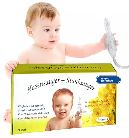 Arianna Baby Nasensauger – DAS ORIGINAL TÜV Süd zertifizierter Nasensekretsauger für Kleinkinder, inkl. Zubehör, sanft & effektiv, klinisch getestet, passend für alle Bodenstaubsauger
