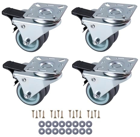 CNCYEAH 4 ruedas dobles, ruedas giratorias de 50 mm, ruedas de carga pesada con freno, ruedas de transporte para muebles con tornillos, hasta 400 kg, giratorio 360°, sin ruido para muebles de palé