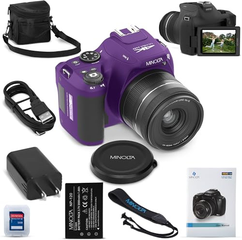 Minolta ProShot 64MP Digital Camera – 10x Optical Zoom, 4K Ultra HD Video, Macro Shooting, Anti-Shake, 3-inch LCD Screen, Face Detection – Includes 32GB SD Card, Battery & Case (Purple)