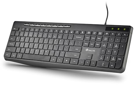 NGS Spectra - Teclado para Ordenador con Cable, USB Plano, disposición Español QUERTY, Silencioso y Slim, 20 Teclas Multimedia, Resistente a Salpicaduras, Indicadores LED, Plug & Play
