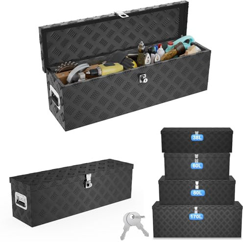 ACXIN Scatola portaoggetti in alluminio, 800 x 220 x 225 mm, cassetta degli attrezzi in alluminio con serratura e 2 chiavi, robusta scatola con timone bloccabile per il rimorchio, stabile e