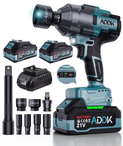 Llave de Impacto Inalámbrica sin Escobillas, 2x4,0 Ah 21V Pistola de Impacto Baterías, par Máximo de 1600 N.m, 6 Velocidades, 2600 rpm Llave de Impacto con Para Coche Familiar/Camioneta/Cortacésped