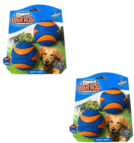 Chuckit! Ultra Squeaker Ball Misura M - ø 6 cm | Confezione Doppia | 2 x 2 pezzi | Gomma resistente, alto rimbalzo e squeak intenso | Facile da pulire | Galleggia sull'acqua