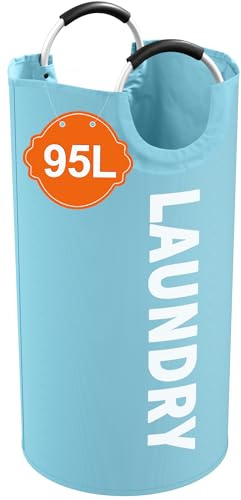 IHOMAGIC 95L Grande Cestos Para la Colada, Bolsa de Lavandería Plegable, Independiente Cesto Ropa Sucia con Asa, Cesto de Ropa Sucia Portátil para Juguetes, Mantas, Ropa, Esterillas de Yoga, Azul