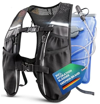 SASMO® Laufweste Damen & Herren 5L | Running Vest - Ultraleicht 270g & atmungsaktiv| Laufrucksack Damen - 8 Taschen | Laufweste Herren | Trinkweste Laufen (schwarz - mit Trinkblase, 5L)