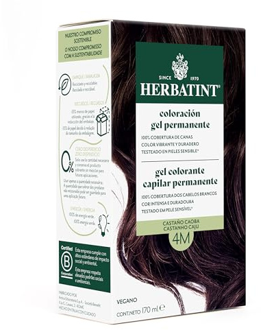 Herbatint Colorazione Gel Permanente per Capelli 4M Castano Mogano - 170 ml | Senza Ammoniaca, Copertura Ottimale dei Capelli Grani | per Pelli Sensibili, con 8 Estratti Naturali Bio