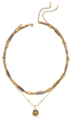 IMINI Layered Tiger’s Eye Necklace Set, Adjustable 40+5cm Beaded Choker & Teardrop Pendant, Boho Golden Brown Dual Tone Jewellery Gift for Women