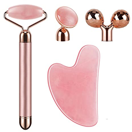 4-in-1 Face Massager and Gua Sha Set for Women, Rose Quartz Face Roller Skin Care Tools Electric Eye Massager Tool for Face Skin Roller