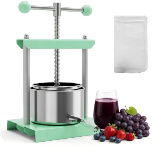 EJWOX 0.53 Gallon Fruit Press, 2L Stainless Steel Manual Food Press with Filter Bag, Compact Apple & Wine Press for Cider, Honey, Herbs & Cheese, Small Batch Home Use