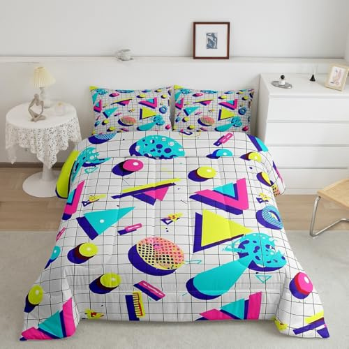 Retro 80s Style Comforter Set Twin,Abstract Geometric Pattern Bedding Set Urban Modern Design with Circles and Triangle Duvet Insert Colorful Pop Art Inspired Pattern Quilted Duvet for Boys Child