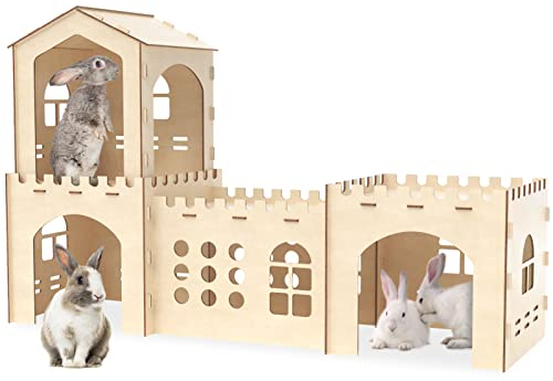 Woiworco Extra großes Holz-Kaninchenschloss, Hasenhäuser und Verstecke, Holzschloss, Kaninchen-Verstecke, geräumiges, Chinchilla, Hamster und Meerschweinchen Hütte zum Verstecken