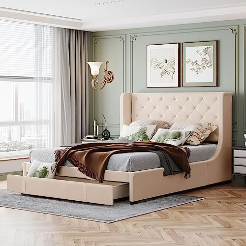 Merax Polsterbett 140 x 200 cm Bett mit Lattenrost, Rückenlehne und Großer Schublade, Hautfreundliche Pro-Leinen-Stoff, Doppelbett Einfaches Design, Erwachsenen, Jugendbett, Beige (Ohne Matratze)