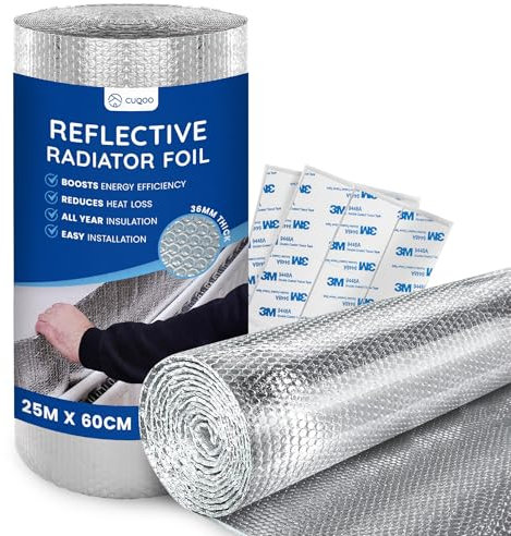 CUQOO Radiator Foil Reflector Roll 25  m × 60 cm – Thermal Reflective Radiator Insulation Foil & Heat Deflector Panel, Radiator Backing Foil, Energy‑Saving Self‑Adhesive Radiator Reflector