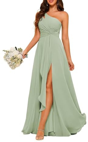 YIANN Robe de demoiselle d'honneur asymétrique avec fente longue en mousseline de soie pour femme, vert sauge, 38