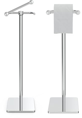WZRUA Toilet Roll Holder Stand, Bathroom Toilet Paper Roll Holder Free Standing, Toilet Tissue Holder Stand with Post Pivoting Design, Stable Weighted Base, SUS304 Stainless Steel (Chrome）