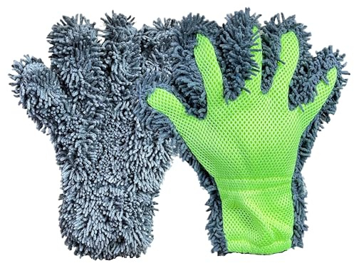 Tek Automotive Car Wash Glove Motorcycle Cleaning Glove 5 Finger Twin Pack | Microfibre Car Cleaning Mitts, 2in1 with Soft Microfibre & Scrubbing Mesh, Safe on Wheels & Bodywork, Machine Washable