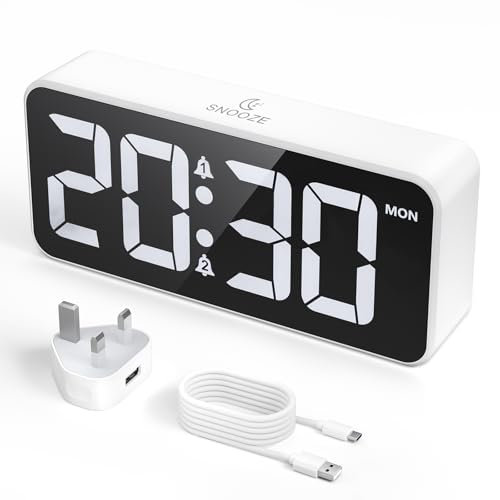 CHEREEKI Alarm Clock Bedside Mains Powered, Digital Clock with Large LED Display, Dual Alarm, Snooze, 10 Ringtones, 3 Alarm Schedule, Adjustable Brightness and Volume, USB Charging Port, 12/24H