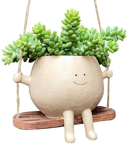 Fine jade2 Vaso da fiore sospeso con altalena viso appeso vasi resina fioriere carino sorriso