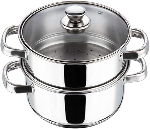 3pcs Stainless Steel Streamer Cooker Pot with Glass Vented Lid, Induction Ready (20 cm -2 Tier Streamer)