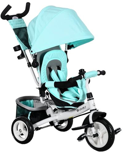 HOMCOM Dreirad 6-in-1 mit Schubstange für 1-5 Jahre Kinder bis 25kg, Kinderdreirad mit Vorwärts und Rückwärtsfahrt, Korb Tasche Becherhalter Sonnendach, Grün