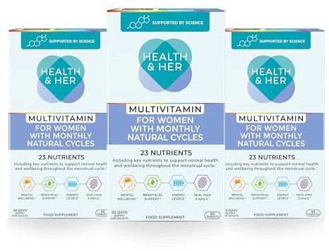 Health & Her Multivitamin for Women with Monthly Natural Cycles - Supplements for Women - Nutrition and Wellbeing Support for Menstrual Cycle - 3 Month Supply, 180 Tablets - Vegan & Gluten Free