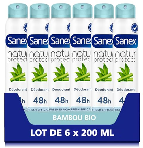 SANEX - Déodorant spray Natur Protect aux extraits de bambou bio - Extra Efficacy 48h - protège contre les odeurs pendant 48h - ne contient pas d’alcool* - 6 x 200ml