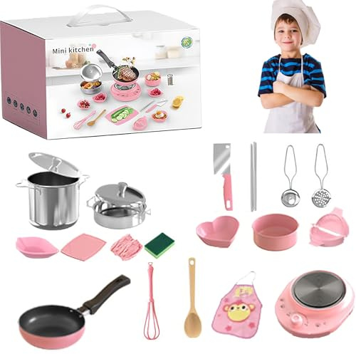 Mini Kitchen Cooking Toy for Kids - Real Food Cooking Set with Electric Stove & 22Pcs Accessories - Safe Plastic/Stainless Steel Play Kitchen, Creative Role Play Gift for Boys & Girls (Pink)