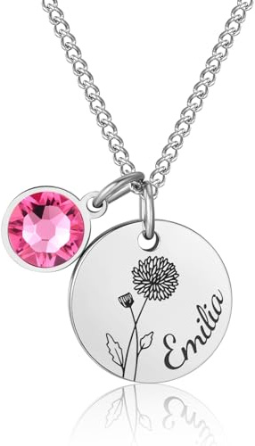 Personalisierte Geburtsblume Halskette Damen mit Geburtsstein & Gravur – Namenskette Damen Edelstahl Silber Rosegold– Kette mit Buchstaben Namen Anhänger – Geschenk Mutter Tochter Freundin