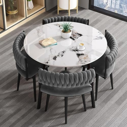 AMZSEW 5-Piece Dining Set, 90cm Round Dining Table and 4 Dining Chairs (Velvet), Table and 4 Chairs for Small Rooms, Kitchen, Dining Room, Living Room, and Office (-WHITE)