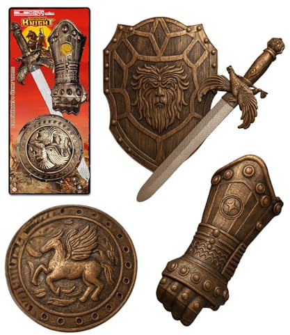 Childrens Medieval Knight Costume Play Set Sword Shield Gauntlet | Battlefield Knight Kids Fancy Dress Accessory Set for Imaginative Role Play Party & Costume | Child Safe Lightweight Plastic