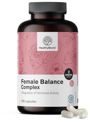 HealthyWorld Female Balance – Equilibrio hormonal – Complejo femenino – Apoyo al ciclo menstrual – 180 cápsulas vegetales – 12 ingredientes activos – Con vitaminas y minerales