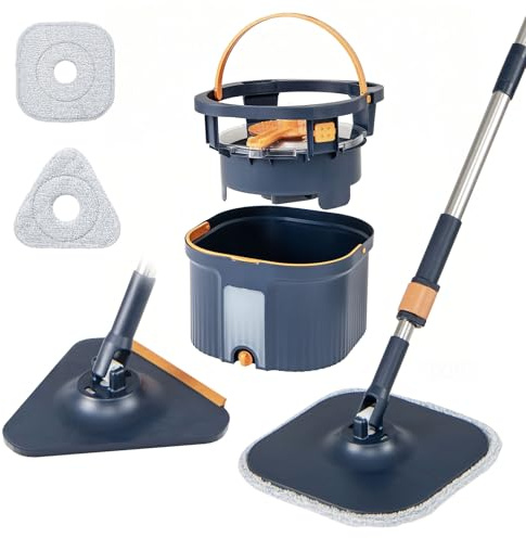 COSTWAY mopp och hinksystem med urvridningsfunktion, vattenavskiljning, 360° roterande mopphuvud och 2 mikrofiberdynor, platt golvmopp för våt- och torrrengöring (blå)