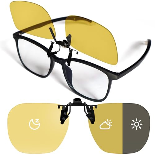 UTXN Gafas de Visión Nocturna Clip-On – Lentes Amarillas Polarizadas UV400, Fotocromáticas, Mayor Claridad en Baja Iluminación, Visión HD para Conducción, Diseño Flip-Up Poligonal