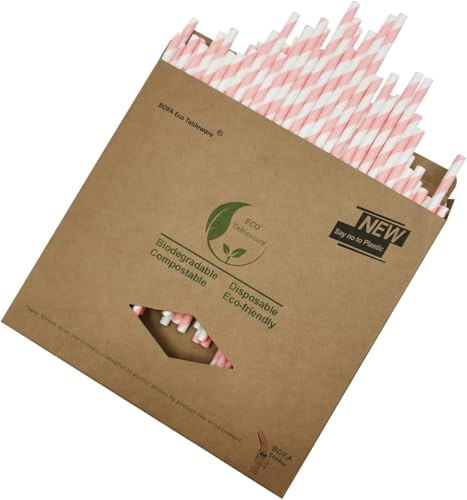 Rosa och vita papperssugrör, förpackning med 100 söta rosa flicksugrör för födelsedag, bröllop, babyparty, firande, 100 % biologiskt nedbrytbara