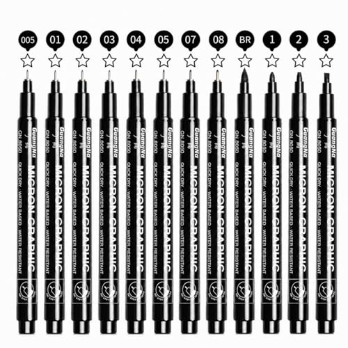 Fineliner Pens, 12 Pack Black Technical Drawing Pens, Fine Line Markers | 0.05–3.0mm with Brush Tip, Waterproof Quick-Dry Ink Pens for Art Supplies, Drawing, Sketching, Writing, Anime, Manga, Artist