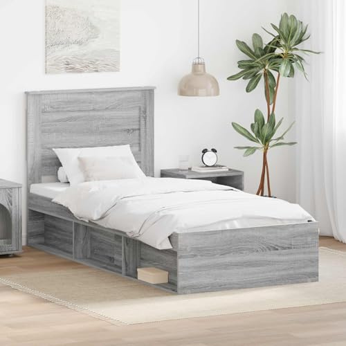 Teenpull Gris Sonoma Cama somier Base lecho con cabecero de Pino Macizo, Estructura colchón 75 x 190 cm, Plataforma para Dormitorio, Soporte Estable, cajón de almacenaje
