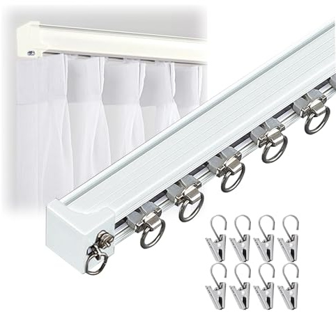 Spår 1-kanals aluminium järnstång för vägg/takmontering slät glid 50-600 cm inkluderar klämmor (vit 215 cm) - perfekt för hemmet
