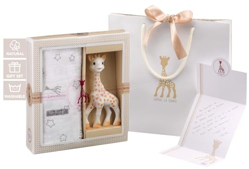 Sophie la girafe Sophiesticated Original Teether with Cotton Blanket Swaddle Gift Set, 100% Natural Rubber Baby Teething Toy, Baby Gift Box Set with Gift Bag and Card
