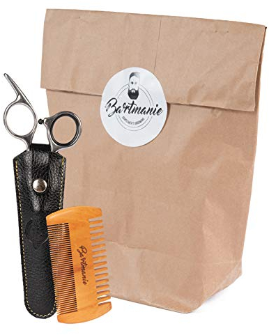 Bartmanie Barttrimmer Set mit Edelstahl Bartschere & Holz Bartkamm inklusive Kunstleder-Etui, Bart-Schneide-Kit für Männer (2tlg.)