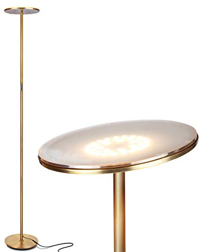 Brightech Sky LED Floor lamp, Torchiere Super Bright Floor Lamp for Living Room Decor & Office - Dimmable, Tall Standing Torch Lamp with Warm Light for Bedroom & Reading - Gold Brass