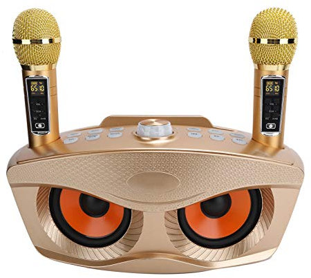 Máquina de Karaoke portátil para Adultos y niños,Altavoz Bluetooth 4.2 Recargable de 2×15 W con 2 micrófonos inalámbricos,Soporte Bluetooth/Tarjeta de Memoria pequeña/USB/AUX/FM(Oro)