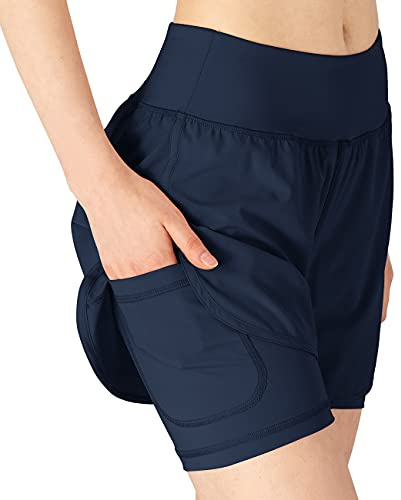 donhobo Womens Running Gym 2 in 1 Sports Shorts with Pockets Navy S