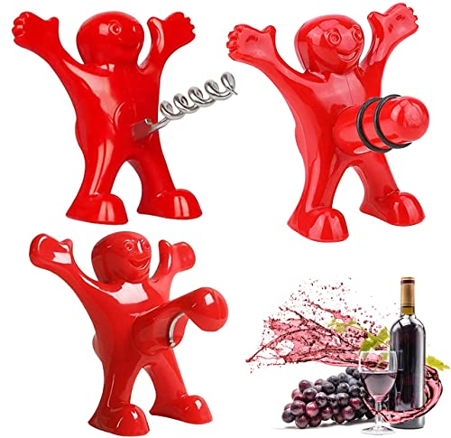 Weinflasche Stopper Set, 3 Stück Roter Mann Flaschenöffner, Bierflasche Opener, Weinflasche Stopper, Wein Falschenöffner, Weinöffner Lustig für Männer, Weinöffner Geschenkset für Home Party Bar