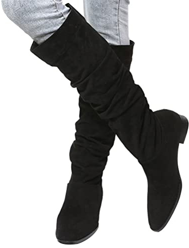 ticticlily Botte Hautes Femme Botte Cuissarde Daim Talon Bloc Causal Zippées Hiver Longue Boots à Talon Plat Confortable Botte Equitation B Noir 37 EU