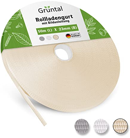 Grüntal® 50 m roller shutter belt, 23 mm, beige, with instructions (English language not guaranteed), for up to 8 roller shutters, high stability thanks to double selvedges, quick shutter belt change