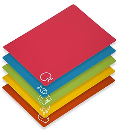 GoodLuck Plastic Chopping Boards,5 Pcs Flexible Cutting Boards for Kitchen with Food Icons,Non Slip Antimicrobial Chopping Board Set, Dishwasher Safety