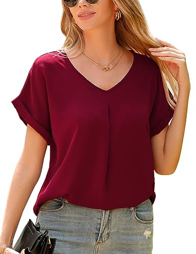 Yuson Girl Camicia Donna Chiffon Maniche Corte Elegante Blusa Estiva Con Scollo a V Casual Top T-Shirt Sexy (Borgogna, S)