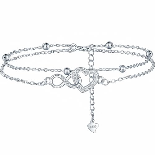 Lydreewam Infinity Herz Armband Silber 925 für Damen Doppel Layered Freundschaft Unendlichkeit Armkette mit Kugeln und Zirkonia Muttertag Geburtstag Geschenk, Armbänder verstellbare 17+4cm