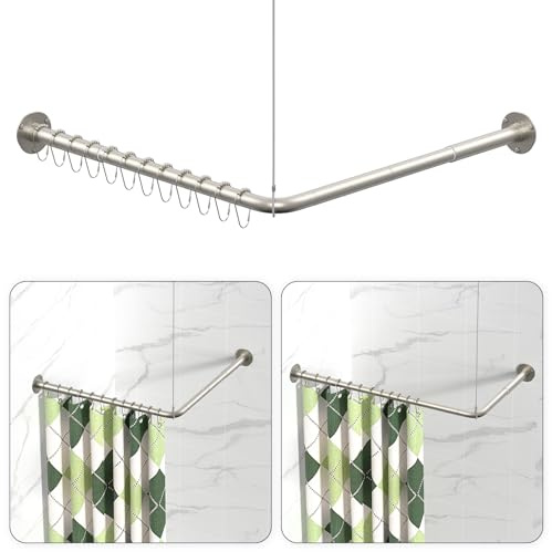L Shaped Shower Curtain Rods, Adjustable (23''-69'' X 23''-69'') Corner Shower Rod with 12 Shower Curtain Rings for Bathroom, Bathtub, Clothing Store, Need to Drill, Silver